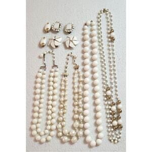 Vtg Costume Jewelry Lot White Beaded Necklaces Clip On Earrings W Germany Japan